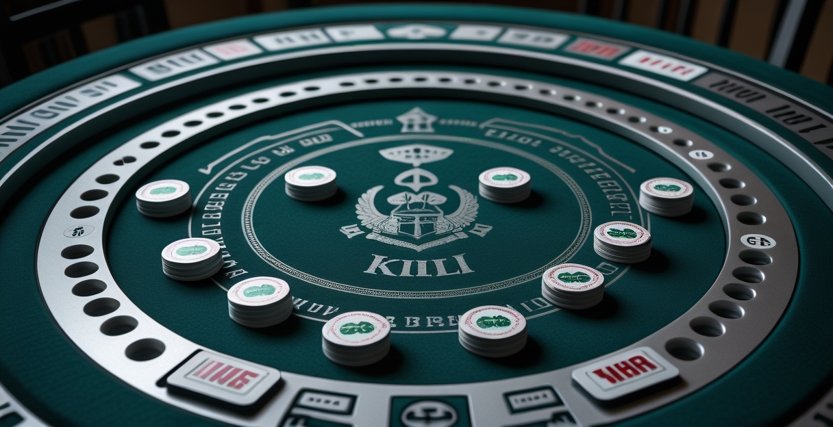 Bàn Casino War với hai lá bài úp ngửa đối đầu, chip xanh bạc tại sòng bài