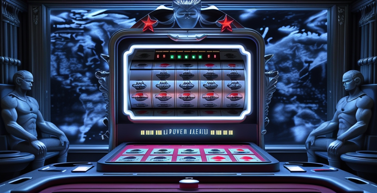Bàn Caribbean Stud Poker với 5 lá bài player và 1 lá dealer ngửa, đồng hồ jackpot xanh bạc